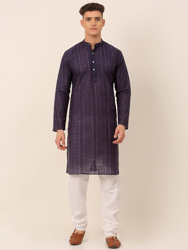 Men's Pure Cotton Embroidered Kurta Pyjama Set ( Jokp 660 Navy ) - Virat Fashions