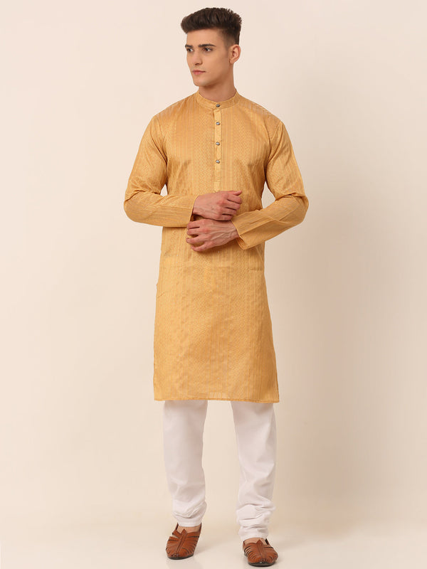 Men's Silk Blend Sequence Embroidered Kurta Pyjama Set ( Jokp 661 Beige ) - Virat Fashions