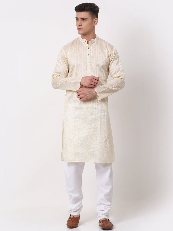 Men's Silk Blend Sequence Embroidered Kurta Pyjama Set ( Jokp 661 Cream ) - Virat Fashions