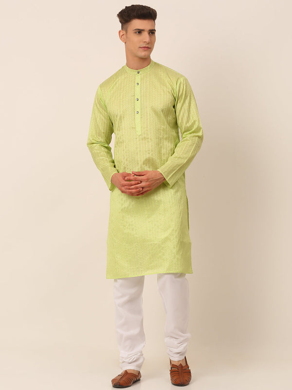 Men's Silk Blend Sequence Embroidered Kurta Pyjama Set ( Jokp 661 Green ) - Virat Fashions