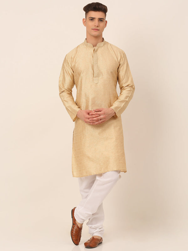 Men's Silk Blend Collar Embroidered Kurta Pyjama Set ( Jokp 662 Beige ) - Virat Fashions