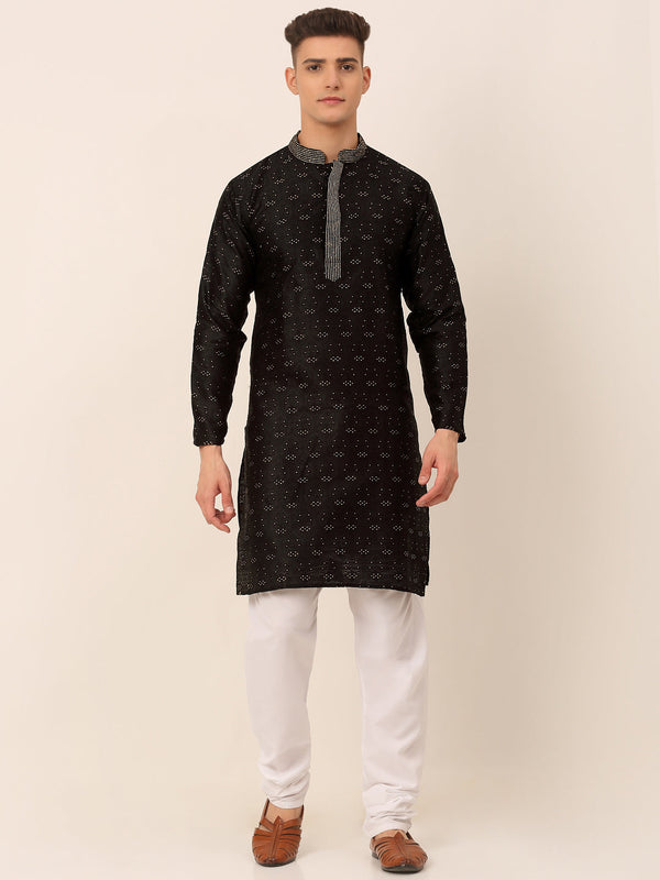 Men's Silk Blend Collar Embroidered Kurta Pyjama Set ( Jokp 662 Black ) - Virat Fashions