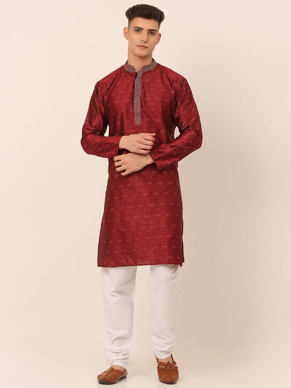 Men's Silk Blend Collar Embroidered Kurta Pyjama Set ( Jokp 662 Maroon ) - Virat Fashions