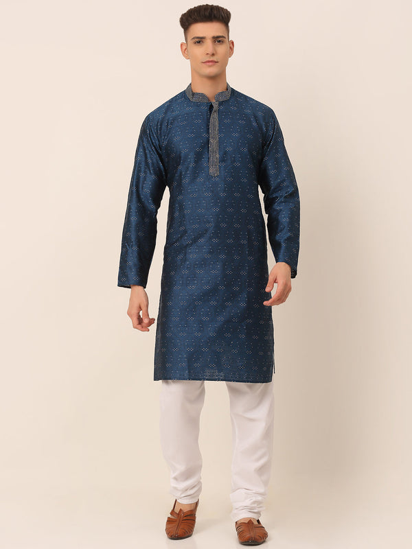 Men's Silk Blend Collar Embroidered Kurta Pyjama Set ( Jokp 662 Peacock ) - Virat Fashions