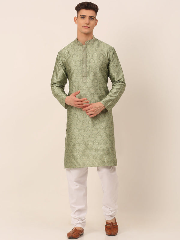 Men's Silk Blend Collar Embroidered Kurta Pyjama Set ( Jokp 662 Pista ) - Virat Fashions