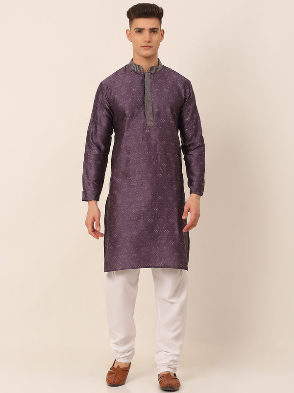 Men's Silk Blend Collar Embroidered Kurta Pyjama Set ( Jokp 662 Purple ) - Virat Fashions