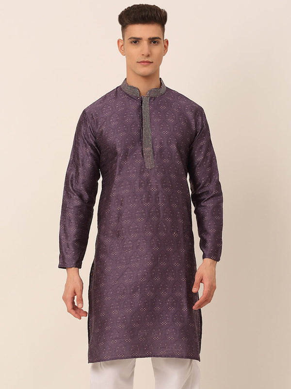 Men's Silk Blend Collar Embroidered Kurta Only ( Ko 662 Purple ) - Virat Fashions