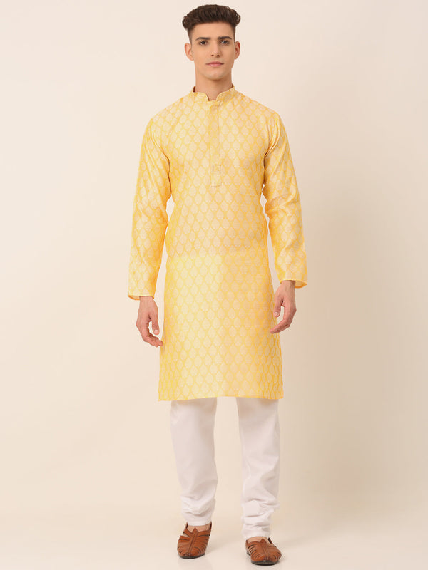 Men's Silk Blend Collar Embroidered Kurta Pyjama Set ( Jokp 663 Golden ) - Virat Fashions