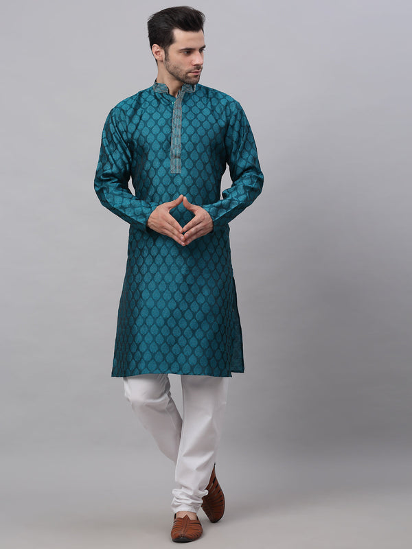 Men's Silk Blend Collar Embroidered Kurta Pyjama Set ( Jokp 663 Peacock ) - Virat Fashions