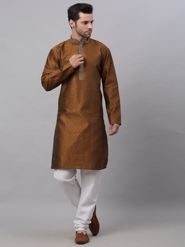 Men's Silk Blend Collar Embroidered Kurta Pyjama Set ( Jokp 664 Brown ) - Virat Fashions