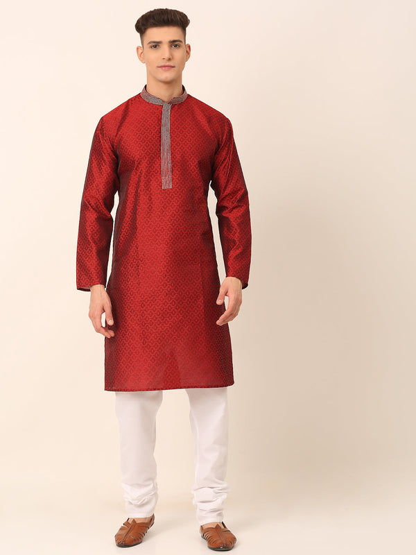 Men's Silk Blend Collar Embroidered Kurta Pyjama Set ( Jokp 664 Maroon ) - Virat Fashions