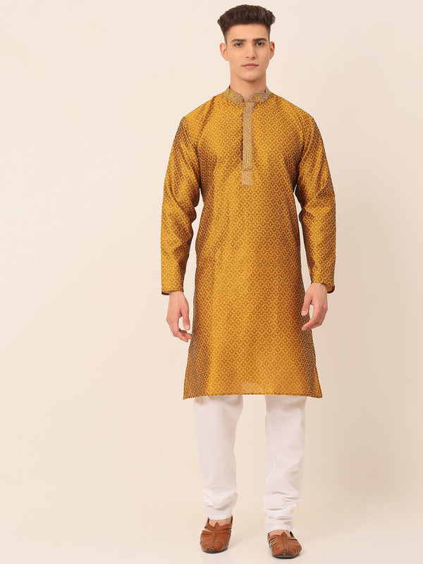 Men's Silk Blend Collar Embroidered Kurta Pyjama Set ( Jokp 664 Mustard ) - Virat Fashions