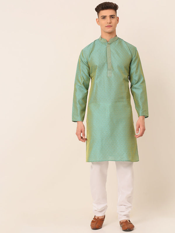 Men's Silk Blend Collar Embroidered Kurta Pyjama Set ( Jokp 664 Sea-Green ) - Virat Fashions