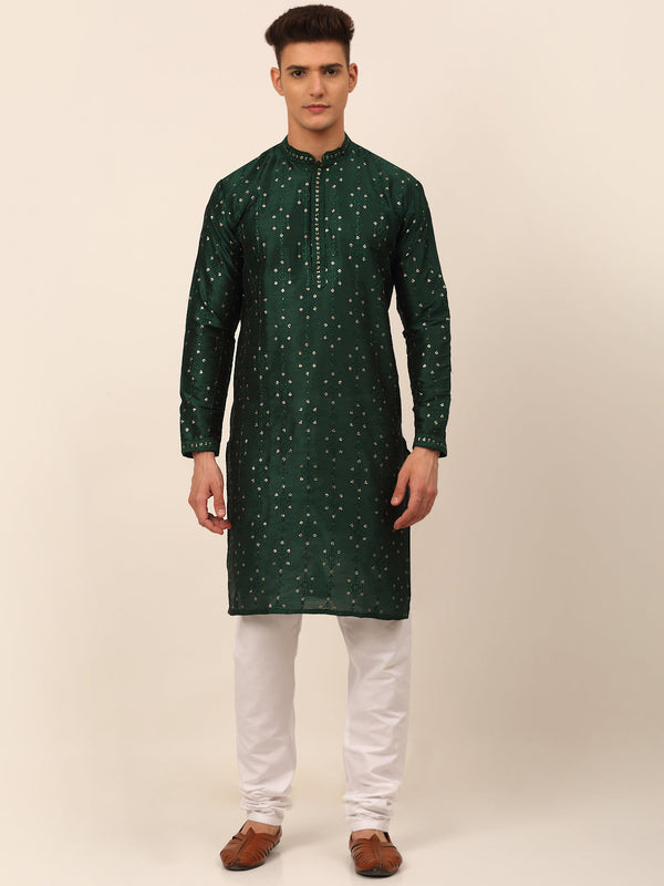 Men's Silk Blend Collar Embroidered Kurta Pyjama Set ( Jokp 665 Green ) - Virat Fashions