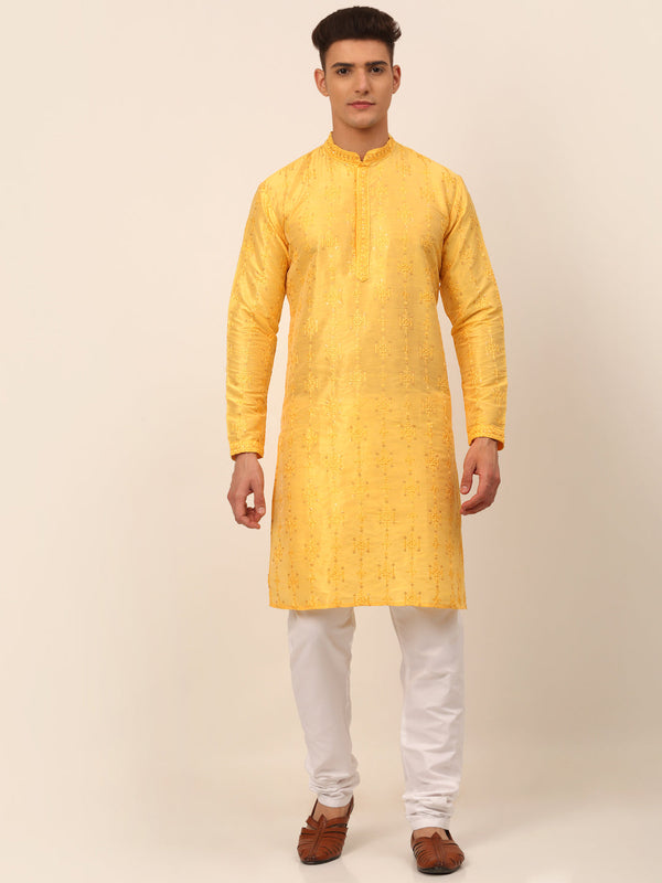 Men's Silk Blend Collar Embroidered Kurta Pyjama Set ( Jokp 665 Yellow ) - Virat Fashions