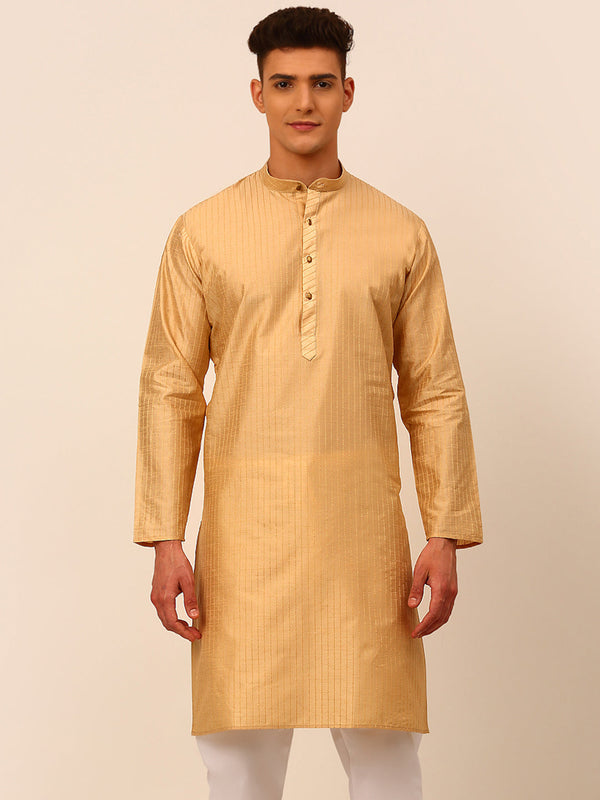 Men's Beige Striped Pleated Chikankari Kurta Only ( Ko 666 Beige ) - Virat Fashions