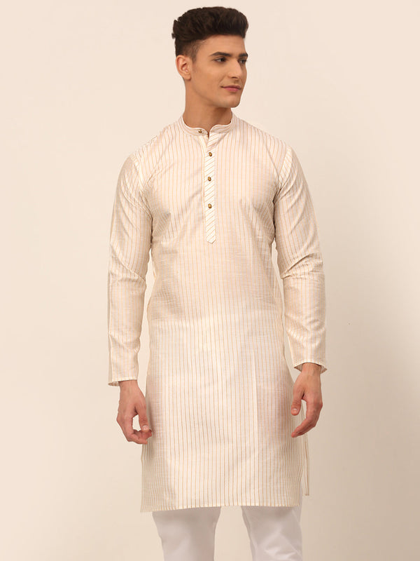 Men's Cream Striped Pleated Chikankari Kurta Only ( Ko 666 Cream ) - Virat Fashions