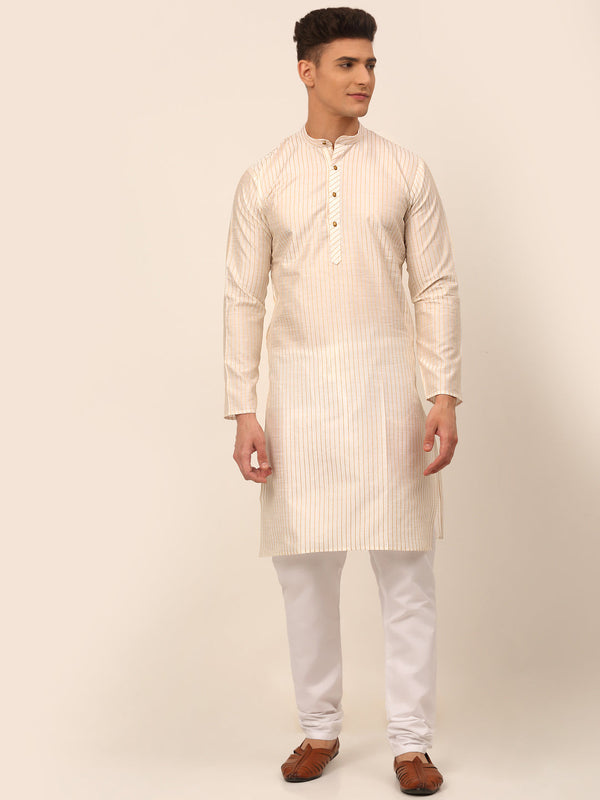 Men's Cream Striped Pleated Chikankari Kurta Pyjama Set ( Jokp 666 Cream ) - Virat Fashions