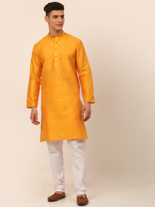 Men's Mustard Striped Pleated Chikankari Kurta Pyjama Set ( Jokp 666 Mustard ) - Virat Fashions