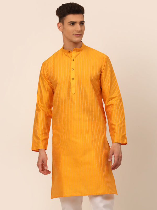 Men's Mustard Striped Pleated Chikankari Kurta Only ( Ko 666 Mustard ) - Virat Fashions