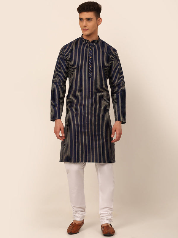 Men's Navy Blue Striped Pleated Chikankari Kurta Pyjama Set ( Jokp 666 Navy ) - Virat Fashions