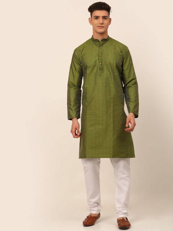 Men's Olive Green Striped Pleated Chikankari Kurta Pyjama Set ( Jokp 666 Olive ) - Virat Fashions