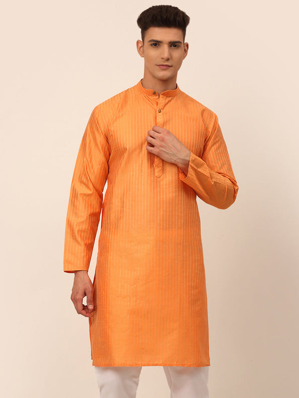 Men Peach Striped Pleated Chikankari Kurta Only