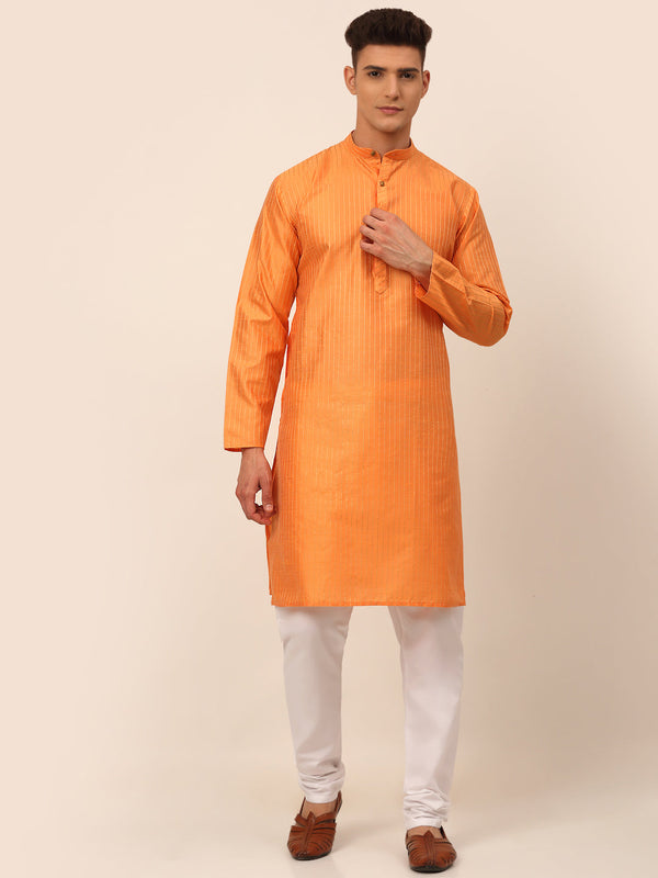 Men Peach Striped Pleated Chikankari Kurta pyjama Set