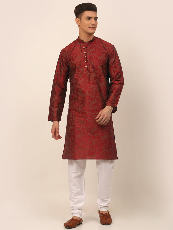 Men's Maroon Paisley Printed Kurta With Pyjama ( Jokp 667 Maroon ) - Virat Fashions