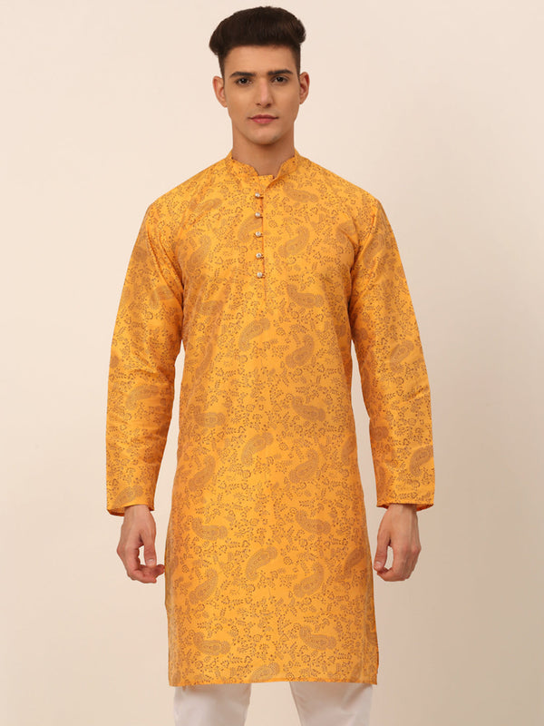 Men's Mustard Paisley Printed Kurta Only ( Ko 667 Mustard ) - Virat Fashions