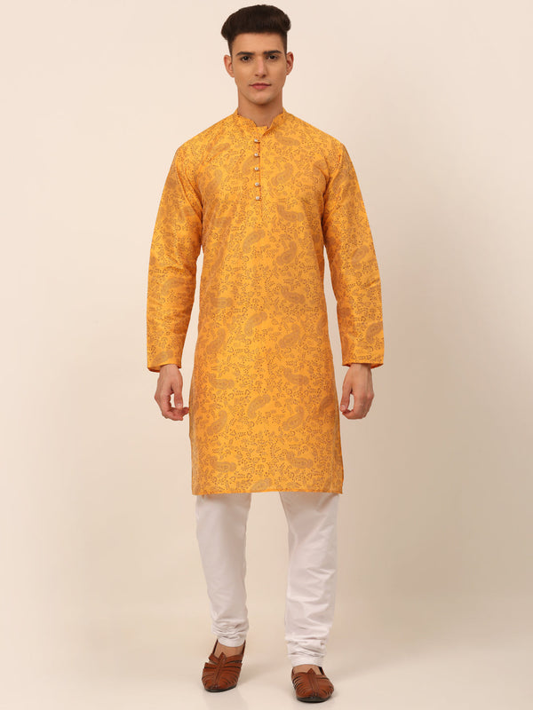 Men's Mustard Paisley Printed Kurta With Pyjama ( Jokp 667 Mustard ) - Virat Fashions