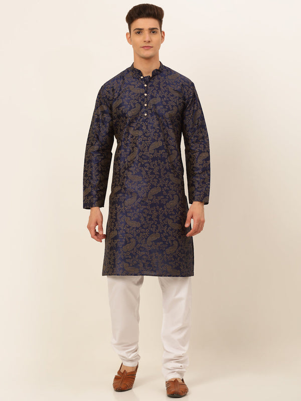 Men's Navy Blue Paisley Printed Kurta With Pyjama ( Jokp 667 Navy ) - Virat Fashions