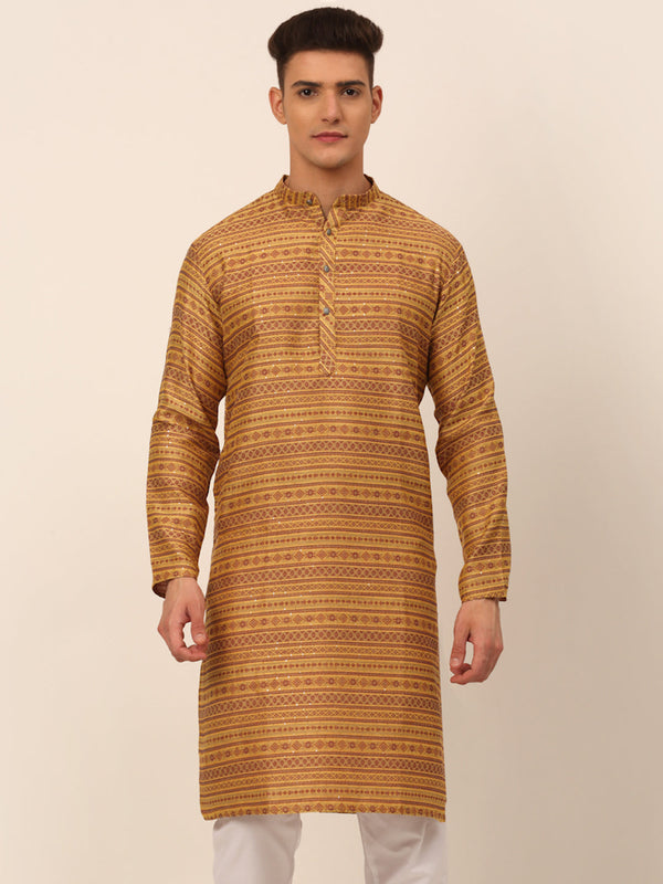 Men's Printed Sequinned Kurta Only ( Ko 668 Yellow ) - Virat Fashions