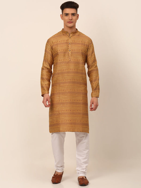 Men's Printed Sequinned Kurta With Churidar ( Jokp 668 Yellow ) - Virat Fashions