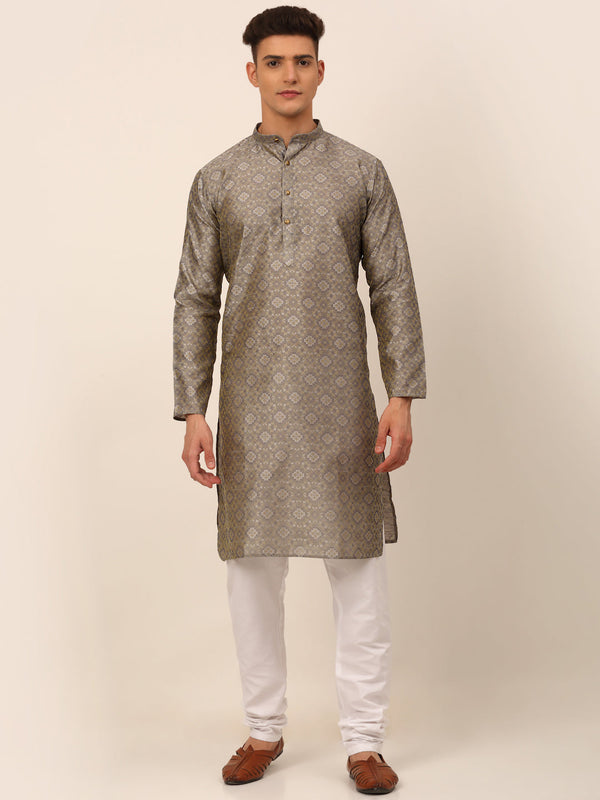 Men's Grey Floral Printed Kurta With Churidar ( Jokp 669 Grey ) - Virat Fashions