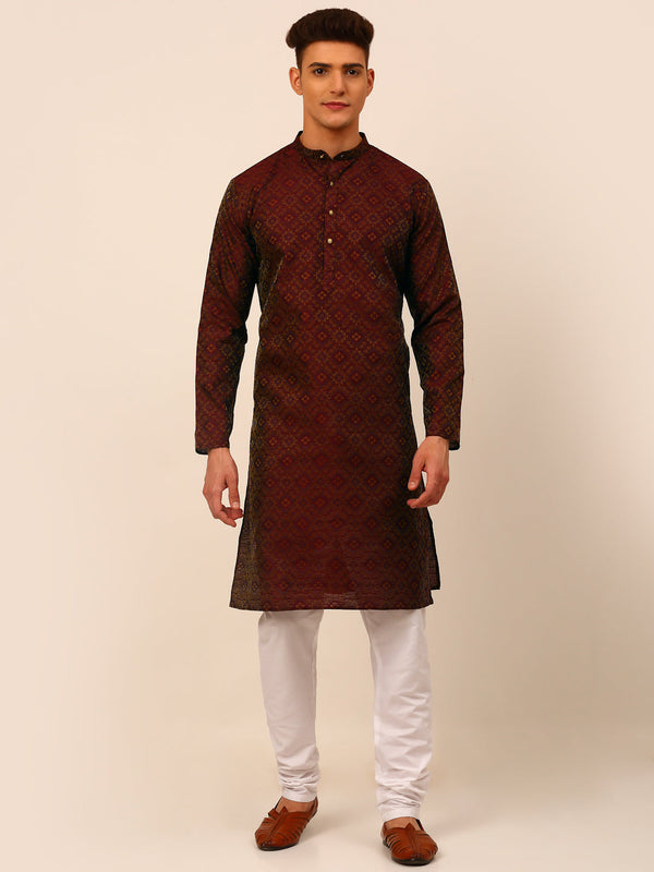 Men's Maroon Floral Printed Kurta With Churidar ( Jokp 669 Maroon ) - Virat Fashions