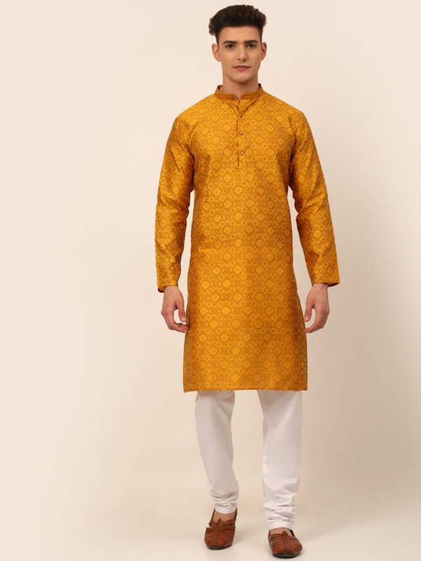 Men's Mustard Floral Printed Kurta With Churidar ( Jokp 669 Mustard ) - Virat Fashions