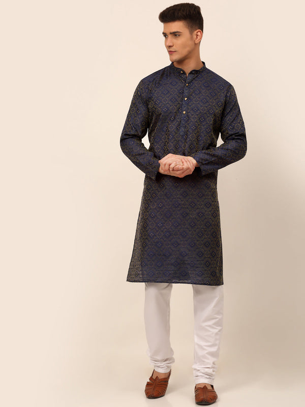 Men's Navy Blue Floral Printed Kurta With Churidar ( Jokp 669 Navy ) - Virat Fashions