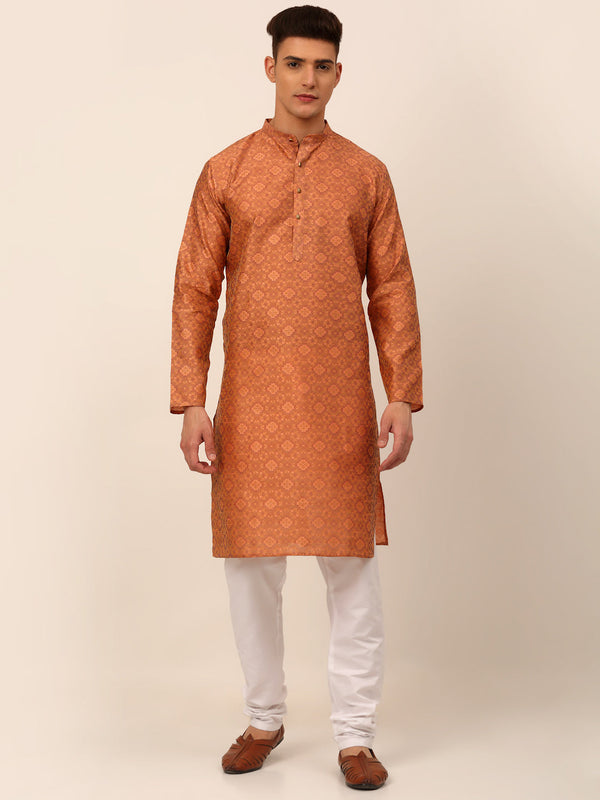 Men's Peach Floral Printed Kurta With Churidar ( Jokp 669 Peach ) - Virat Fashions