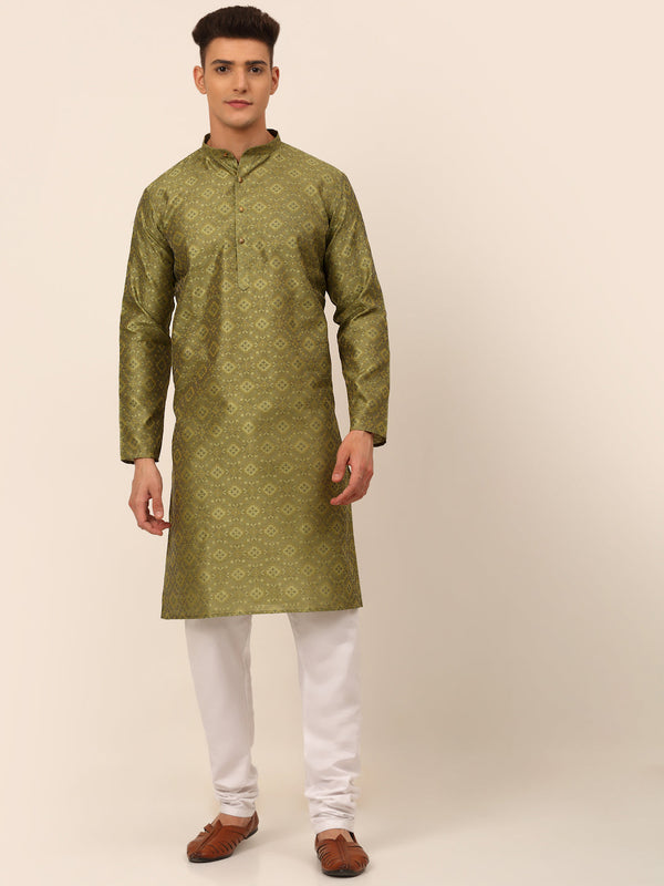 Men Pista Green Floral Printed Kurta with Churidar