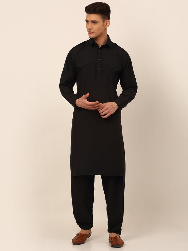 Men's Black Cotton Solid Pathani Kurta With Salwar ( Jokp 670 Black ) - Virat Fashions