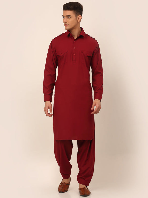 Men's Maroon Cotton Solid Pathani Kurta With Salwar ( Jokp 670 Maroon ) - Virat Fashions