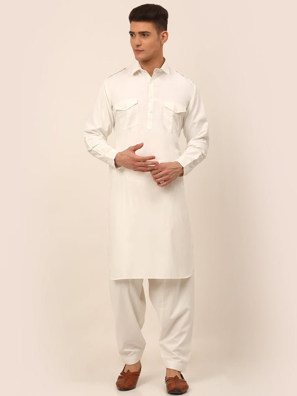 Men's White Cotton Solid Pathani Kurta With Salwar ( Jokp 670 White ) - Virat Fashions