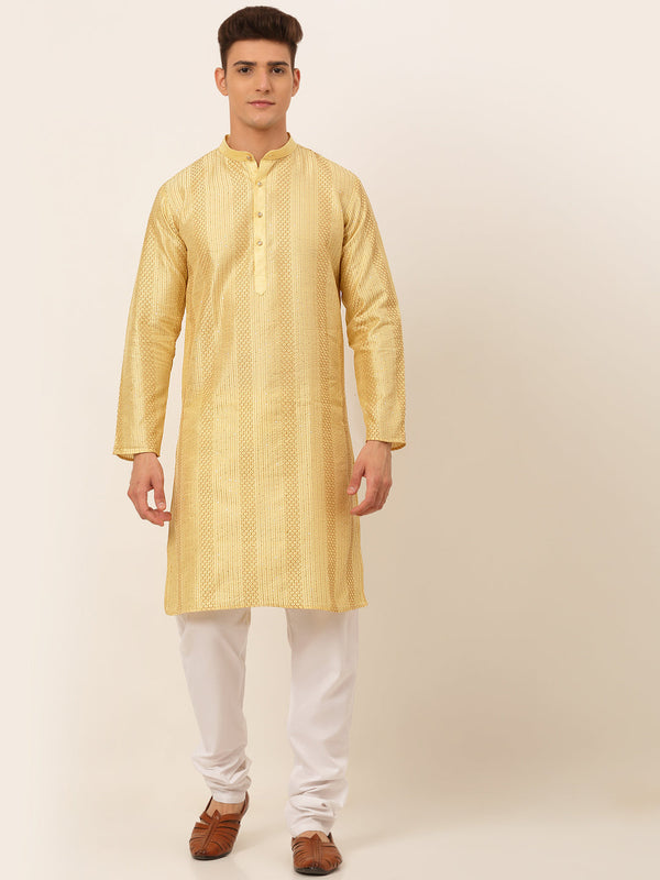 Men's Golden Embroiderd Kurta Pyjama ( Jokp 671 Golden ) - Virat Fashions