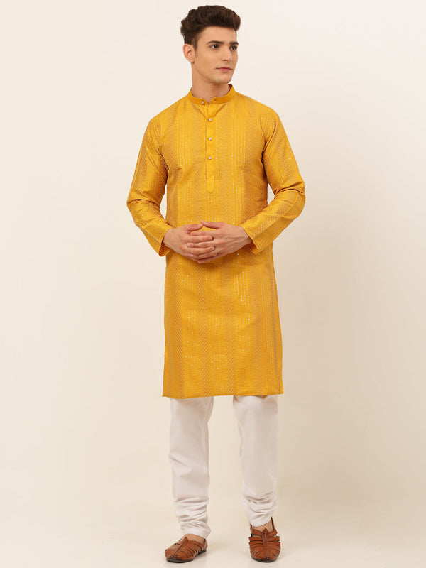 Men's Mustard Embroiderd Kurta Pyjama ( Jokp 671 Mustard ) - Virat Fashions