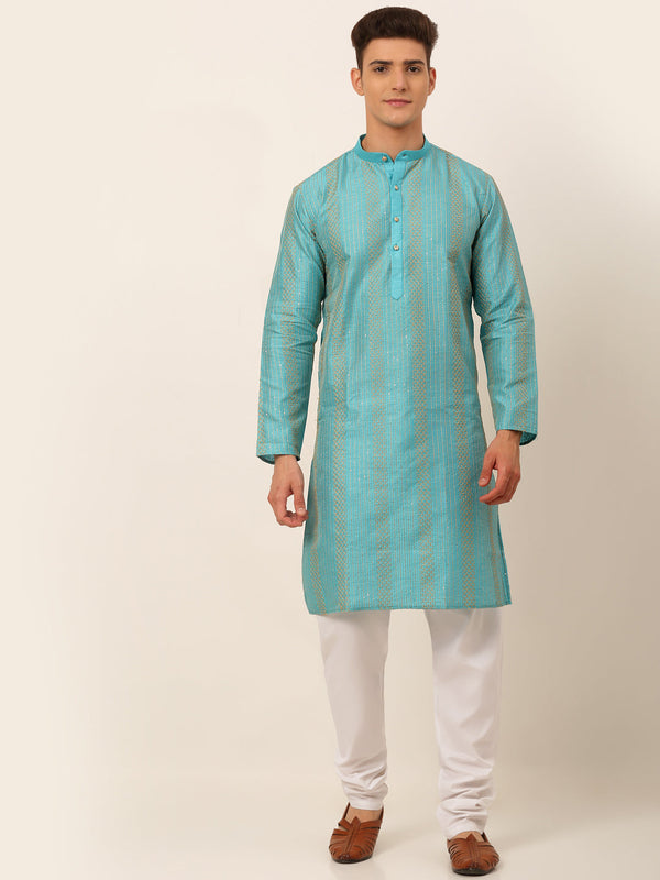 Men's Sky Blue Embroiderd Kurta Pyjama ( Jokp 671 Sky ) - Virat Fashions