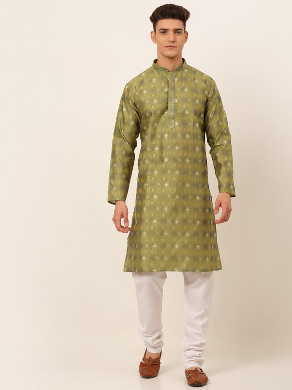 Men's Green Collar Embroidered Woven Design Kurta Pyjama ( Jokp 672 Green ) - Virat Fashions