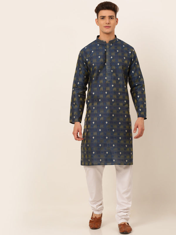 Men's Navy Blue Collar Embroidered Woven Design Kurta Pyjama ( Jokp 672 Navy ) - Virat Fashions