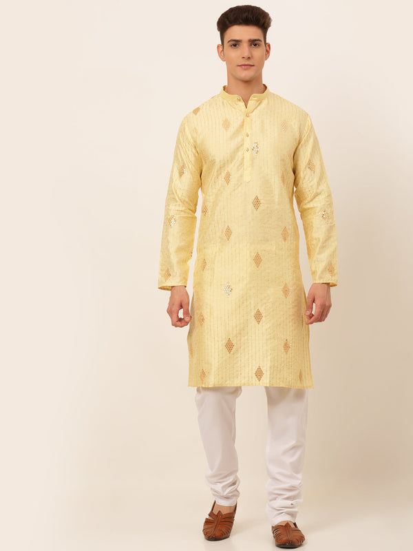 Men's Golden Embroidered Sequinned Kurta With Churidar ( Jokp 673 Golden ) - Virat Fashions