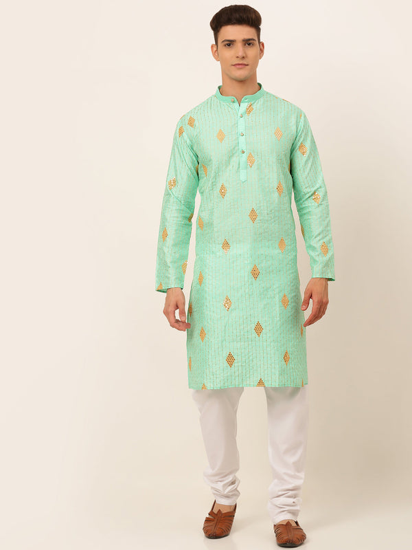 Men's Sky Blue Embroidered Sequinned Kurta With Churidar ( Jokp 673 Sky ) - Virat Fashions